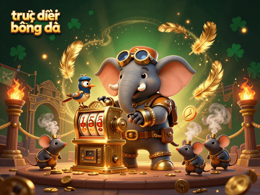 Experience the excitement of trực tiếp bóng đá with a steampunk elephant operating a vibrant casino scene.