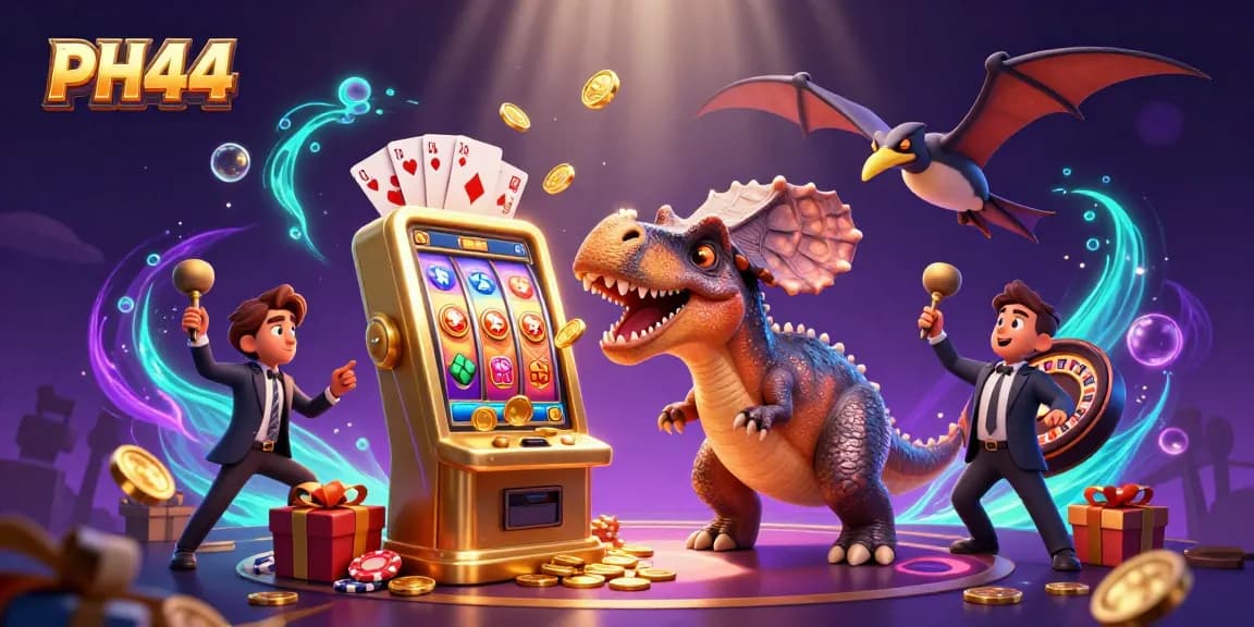 PH44 characters celebrate casino wins with dynamic gambling elements in an engaging 3D scene.