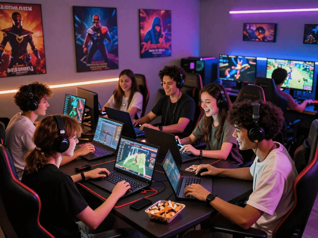 Engaging scene of a group enjoying online porn games together in a vibrant gaming setup.