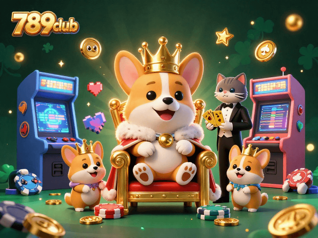 Experience thrilling gaming at 789club with a royal corgi on a jackpot throne amidst casino excitement.