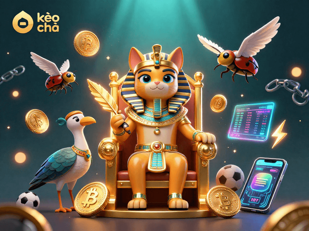 Bet on kèo nhà cái with a vibrant 3D illustration featuring a pharaoh cat and crypto elements.