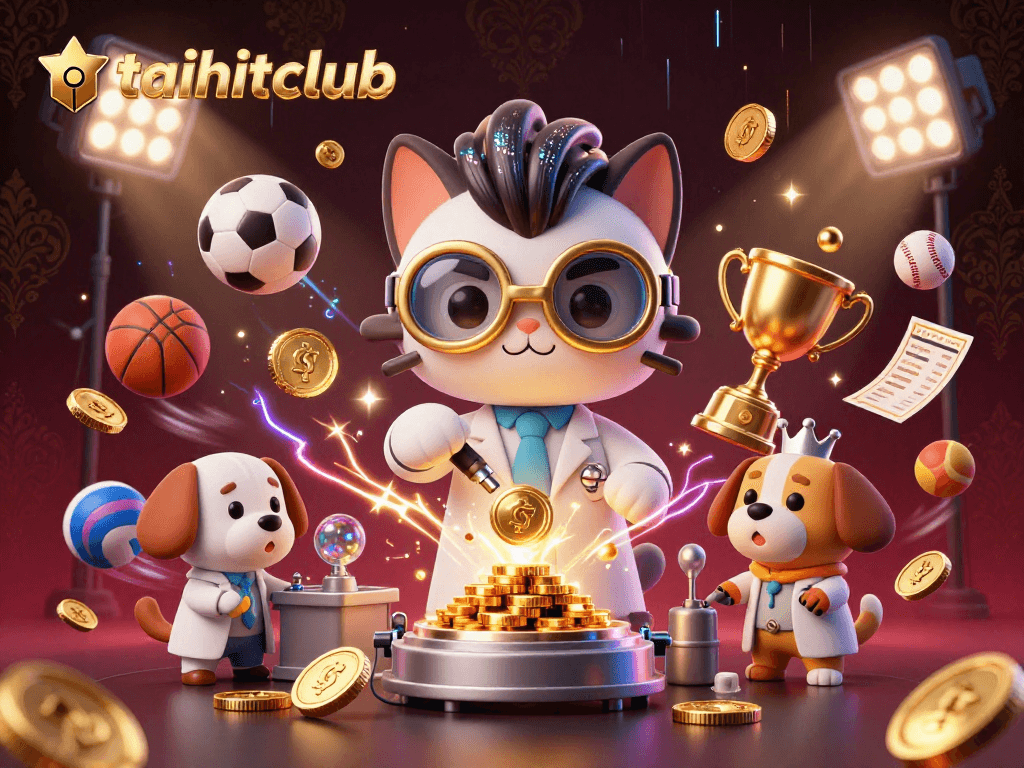 Bet on taihitclub with a lively 3D scene featuring a mad scientist cat and loyal dog amidst sports elements and golden coins.