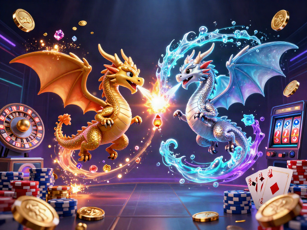 Experience thrilling games at man88 with twin dragons, coins, and roulette in a vivid 3D illustration.