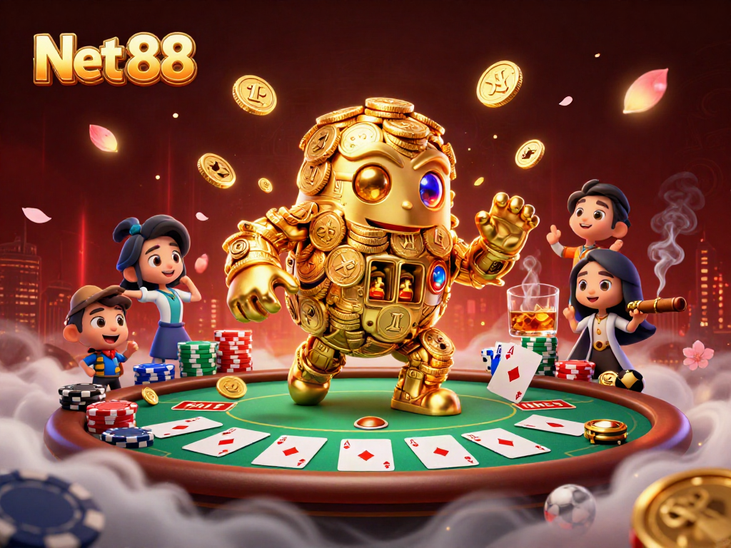 Bet on Net 88's golden golem while exploring rich poker and betting elements.