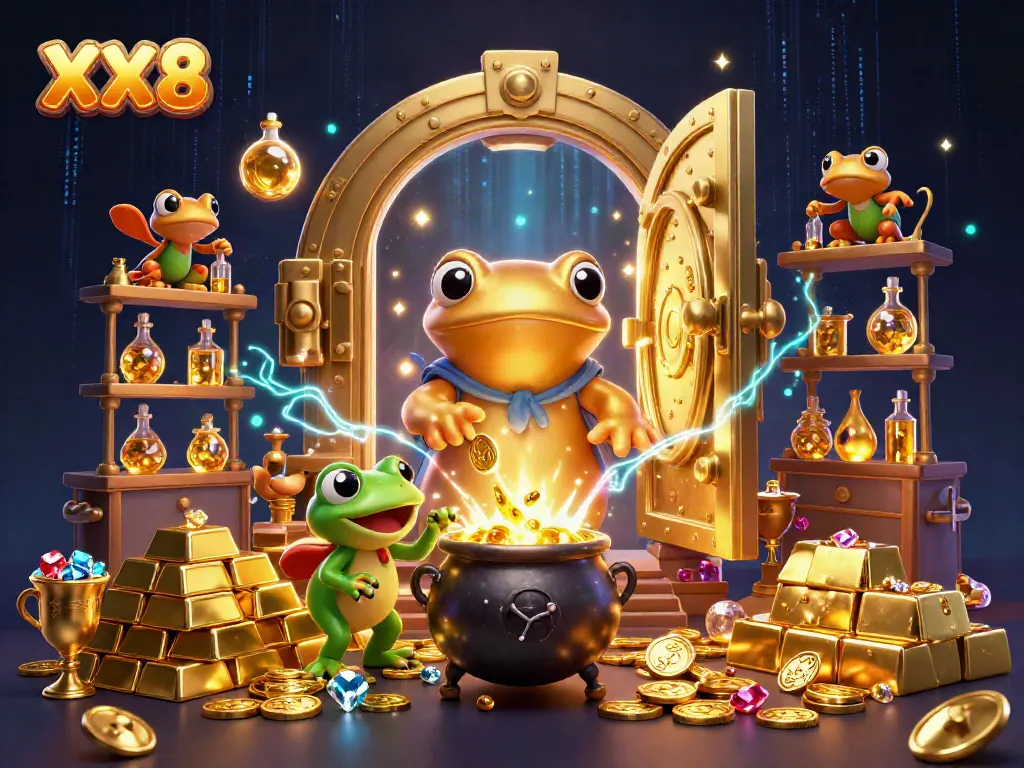 Experience the XX8 realm of casinos with vibrant gold coins and dynamic characters.