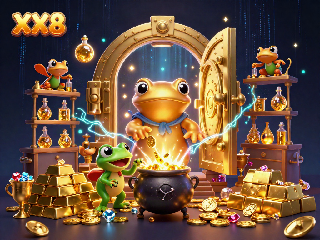 Experience the XX8 realm of casinos with vibrant gold coins and dynamic characters.