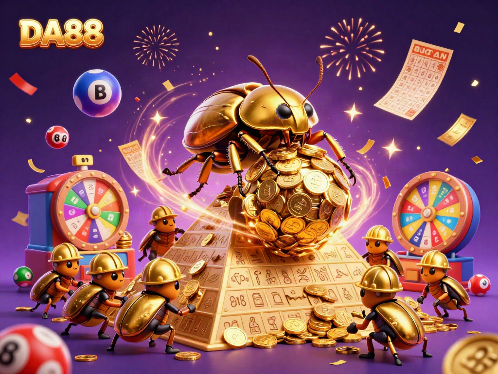Experience thrilling gaming action at DA88 with golden coins, colorful lottery balls, and an engaging casino atmosphere.