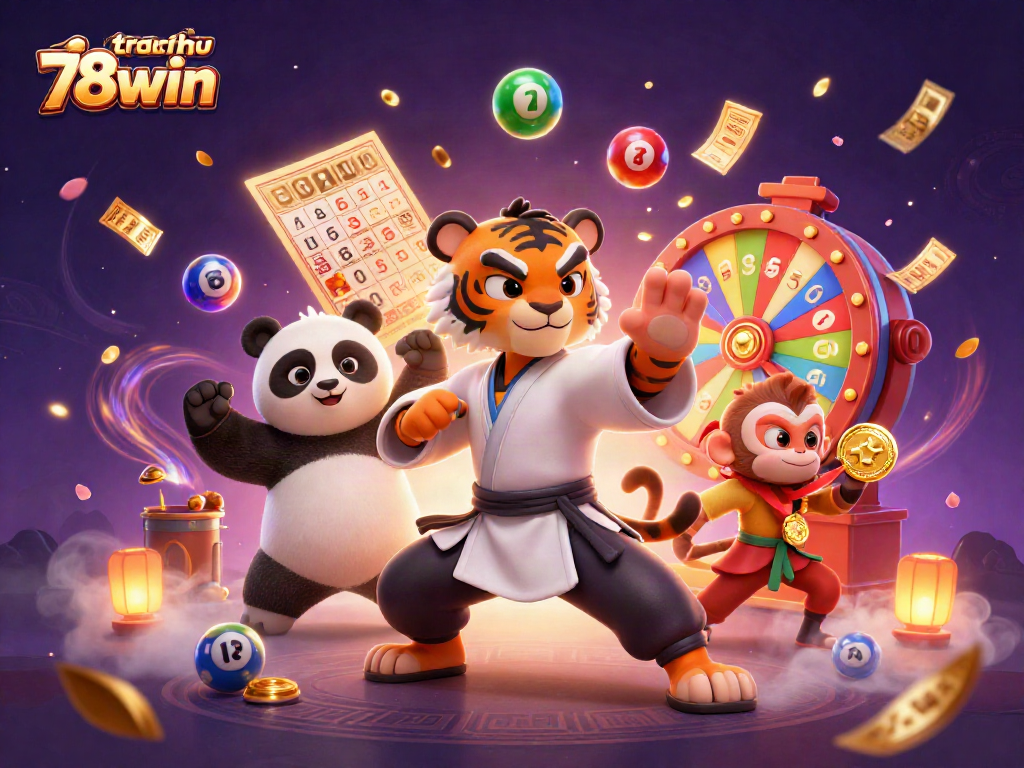 Experience the excitement at trang chủ 78win with this vibrant 3D gaming scene showcasing colorful lottery elements.