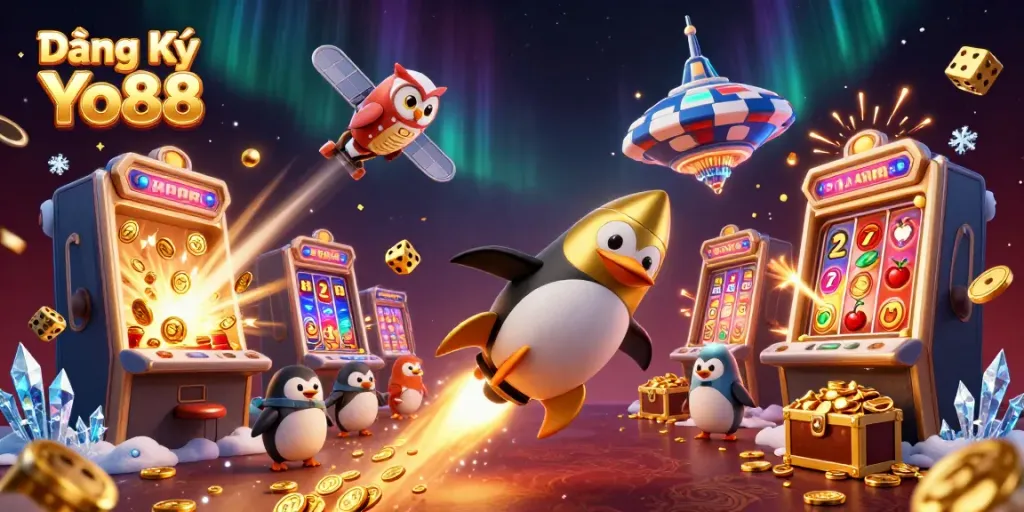 Join the gaming adventure with Đăng Ký Yo88 for an exciting casino experience featuring a golden penguin in a vibrant space scene.