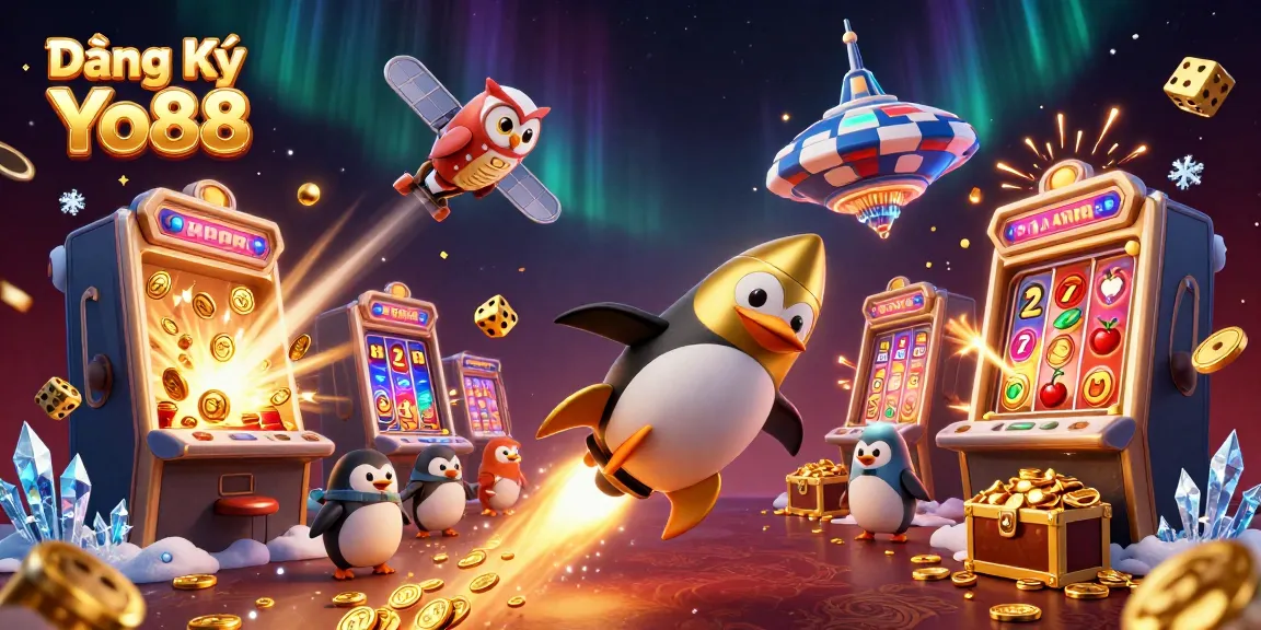 Join the gaming adventure with Đăng Ký Yo88 for an exciting casino experience featuring a golden penguin in a vibrant space scene.