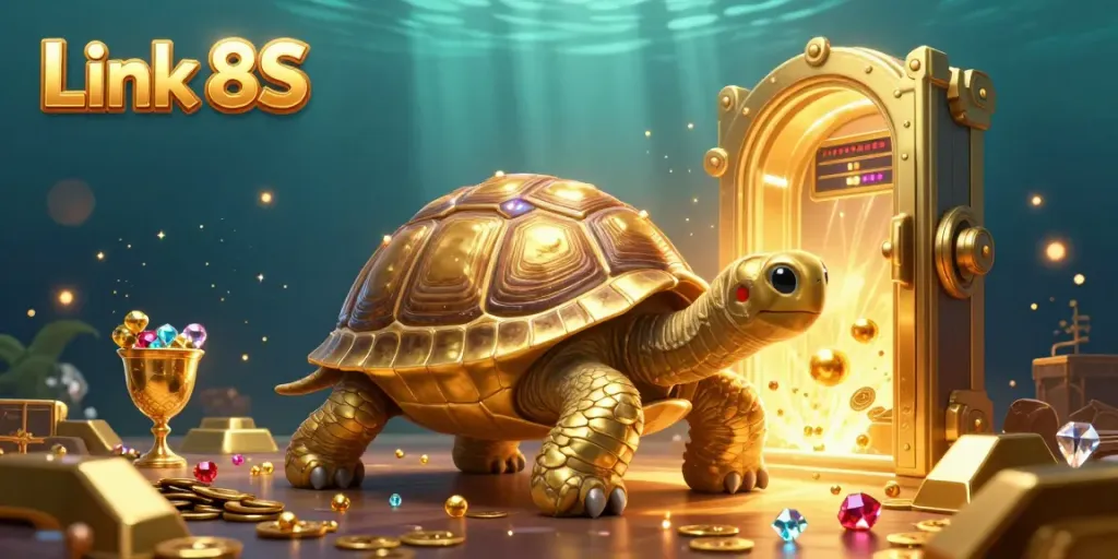 Experience the thrill of Link 8S with this dynamic illustration showcasing a golden tortoise pinball machine amidst a treasure-filled casino.