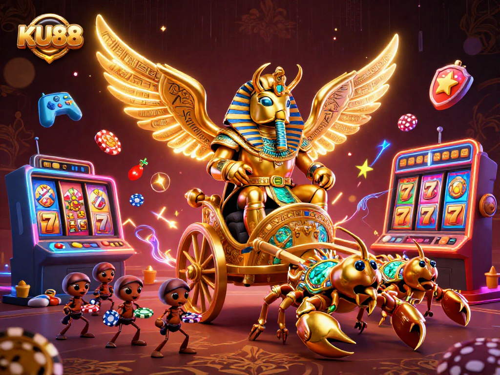 Experience thrilling wins at KU88 with a dazzling chariot race featuring a golden scarab and slot machines.