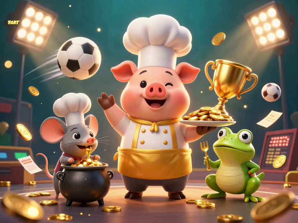 FABET showcases a vibrant scene with a chef pig serving gold coins, emphasizing profitable betting.