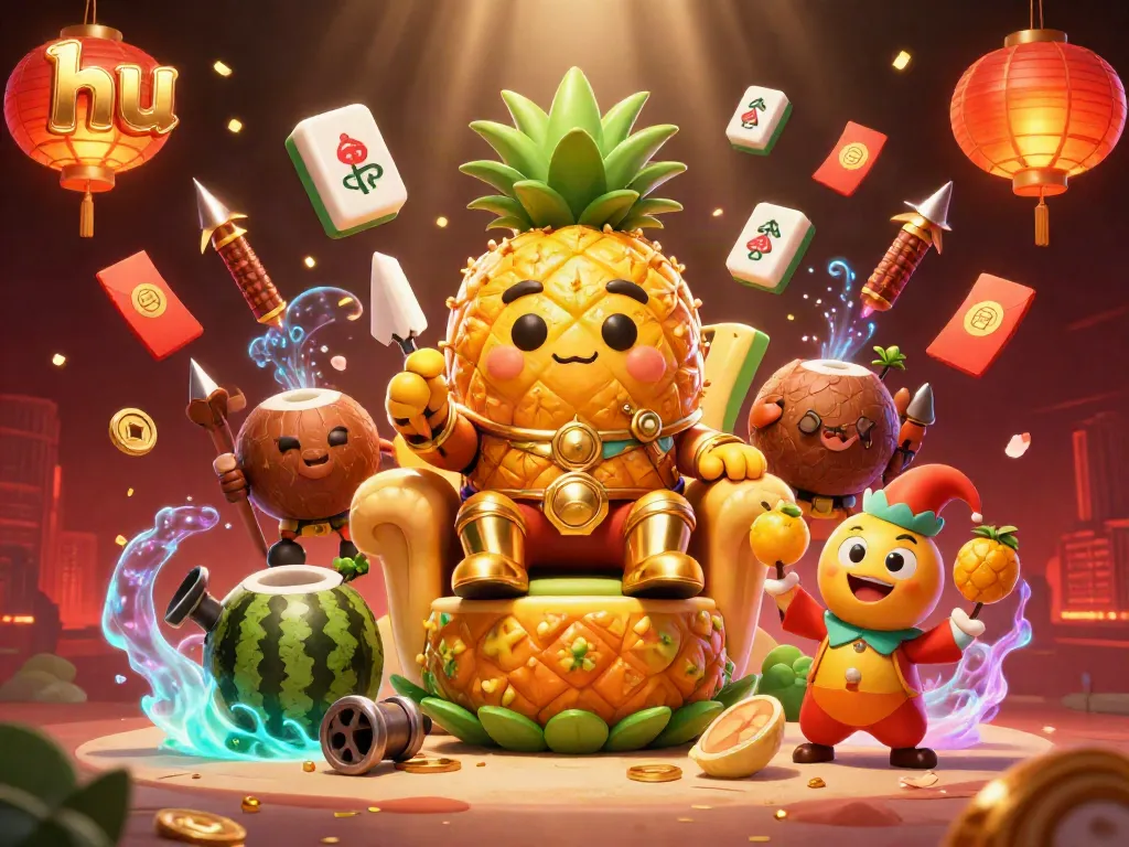 Spin the reels with hu, as the golden pineapple king and his crew celebrate in a vibrant casino scene.