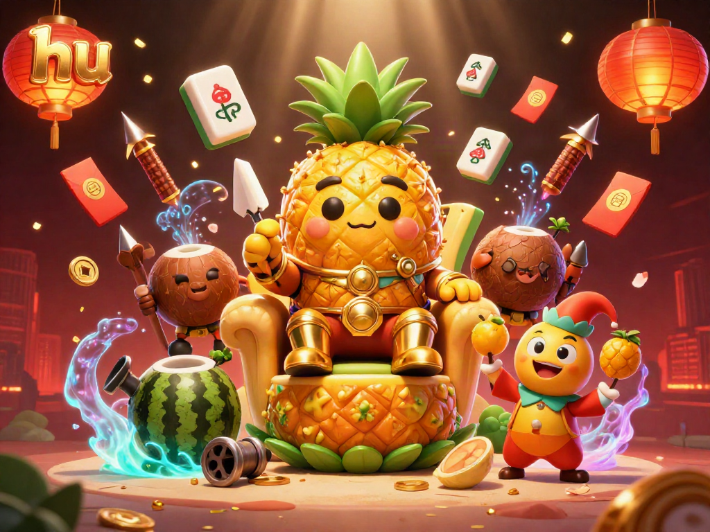 Spin the reels with hu, as the golden pineapple king and his crew celebrate in a vibrant casino scene.