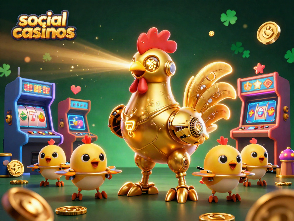 Engage in thrilling social casinos with a vibrant 3D illustration showcasing a golden rooster robot and game elements.