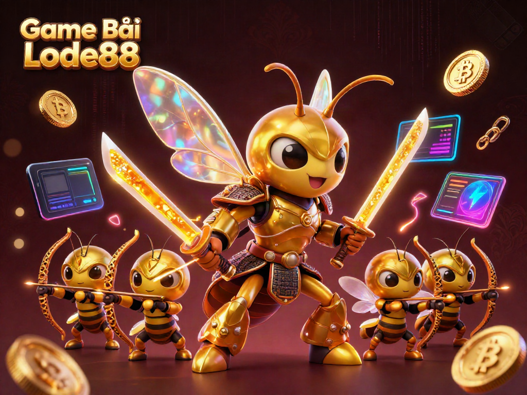 Experience the excitement of Game Bài Lode88 with a dynamic scene of thrilling characters and casino elements.