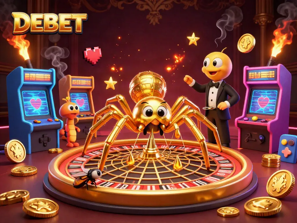 Place bets confidently with DEBET as a golden spider spins a roulette wheel web in this exciting casino scene.