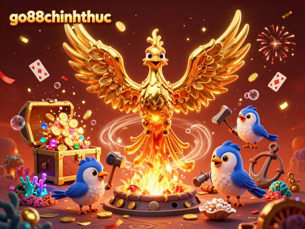Experience the magic of go88chinhthuc with a molten gold phoenix and underwater treasures in this vibrant illustration.