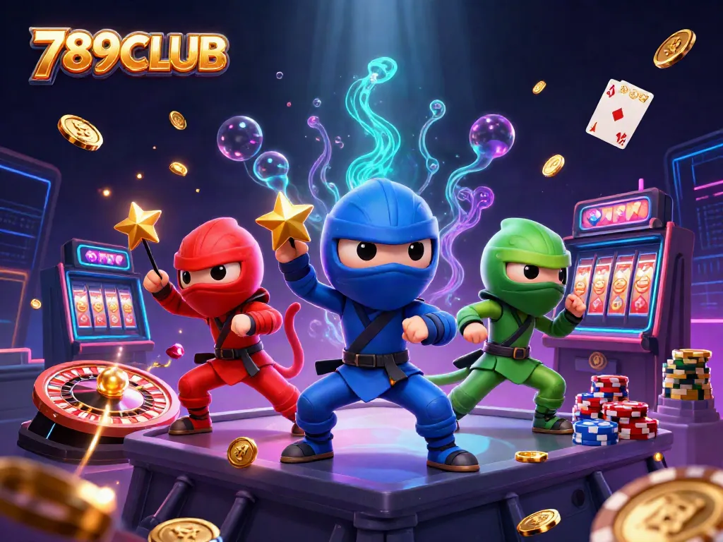 Experience the thrill of 789CLUB with a vibrant casino-themed illustration showcasing chameleon ninjas.