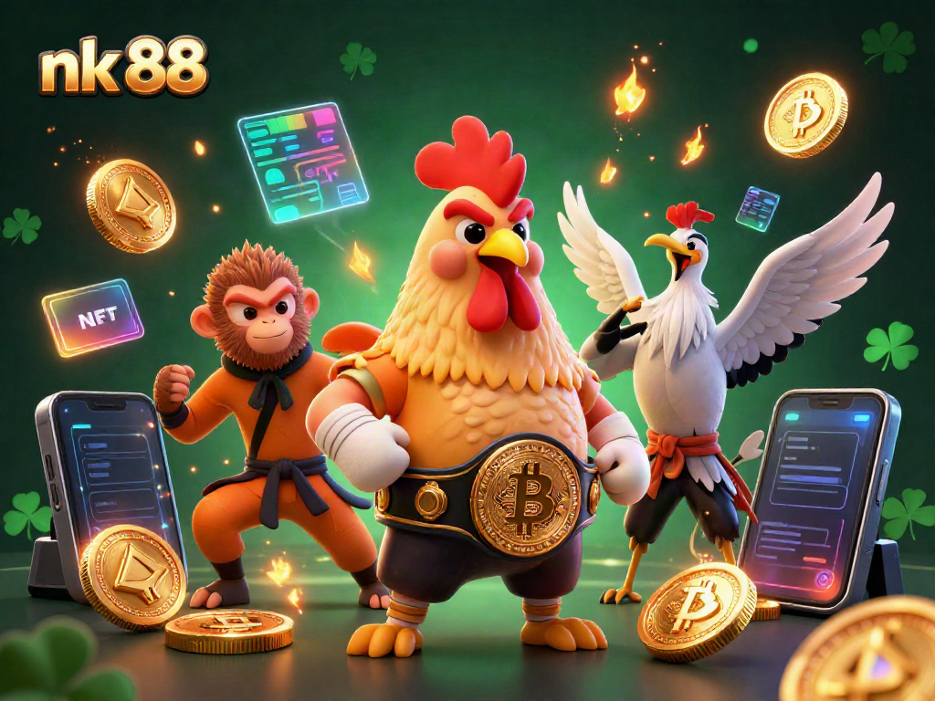 Engage in exciting betting action at nk 88 with vibrant casino characters and glowing crypto elements.