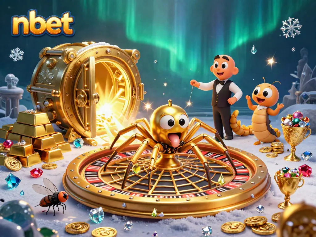 Experience the thrill of nbet as a fly nervously bets on a roulette spider's web, surrounded by golden treasures.