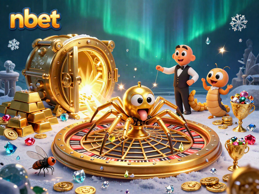 Experience the thrill of nbet as a fly nervously bets on a roulette spider's web, surrounded by golden treasures.