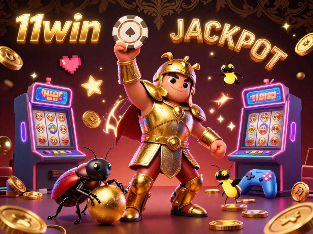11win players celebrate big wins with a hercules beetle lifting a poker chip in a vibrant casino scene.