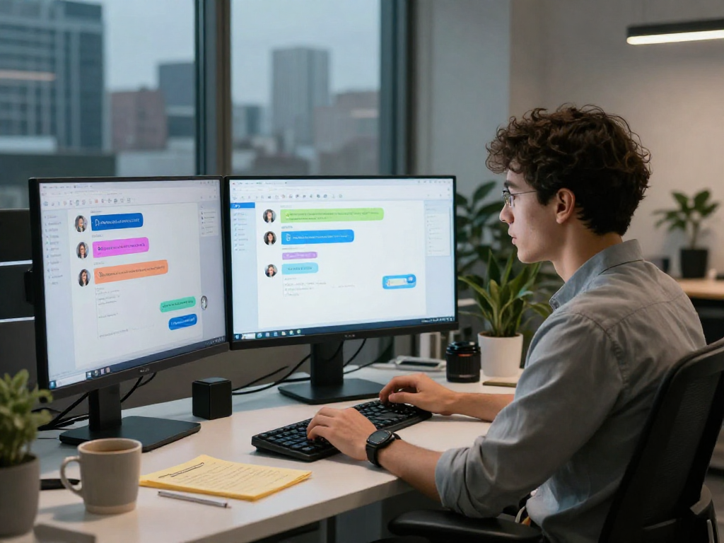 Engaging with juicy ai chat on dual screens in a vibrant office.