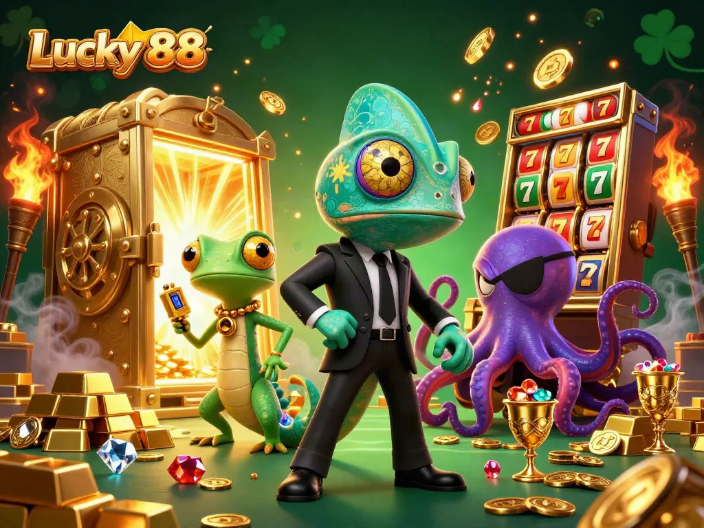 Experience the thrilling action of Lucky 88 with a vibrant 3D casino illustration, featuring dynamic characters and gaming elements.