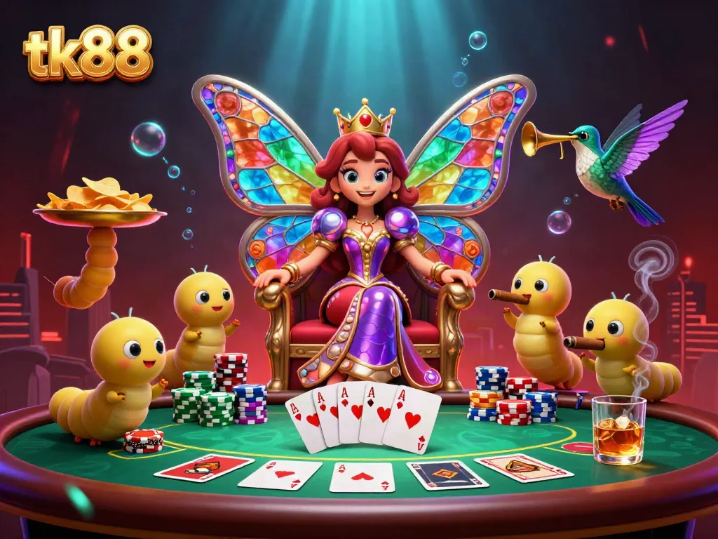 Experience tk88 with a vibrant butterfly queen and poker scene, showcasing thrilling casino action.