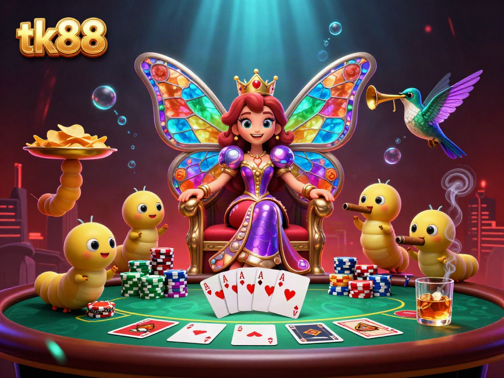 Experience tk88 with a vibrant butterfly queen and poker scene, showcasing thrilling casino action.