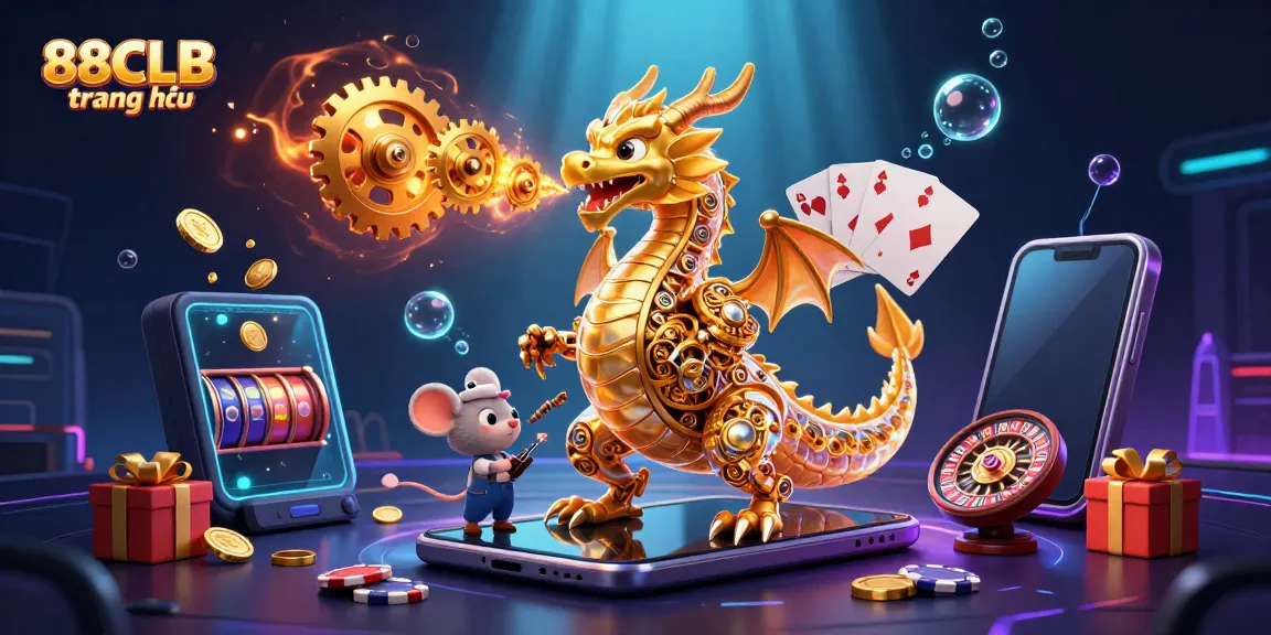 Experience thrilling wins at 88CLB trang chủ as a biomechanical dragon unleashes golden gears in this vibrant casino scene.