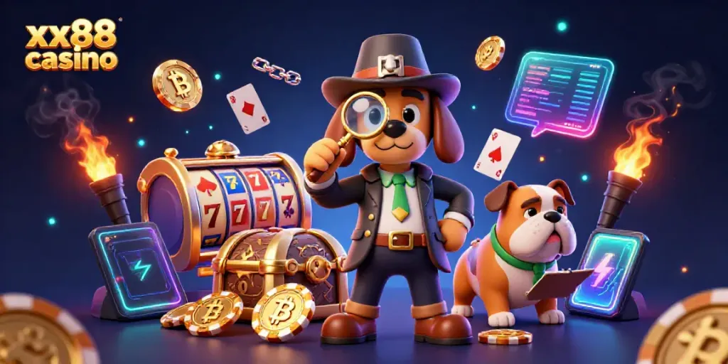 Engage with the thrill of xx88 casino through a vibrant 3D illustration of a detective uncovering clues in a lively casino scene.