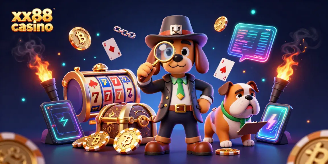 Engage with the thrill of xx88 casino through a vibrant 3D illustration of a detective uncovering clues in a lively casino scene.
