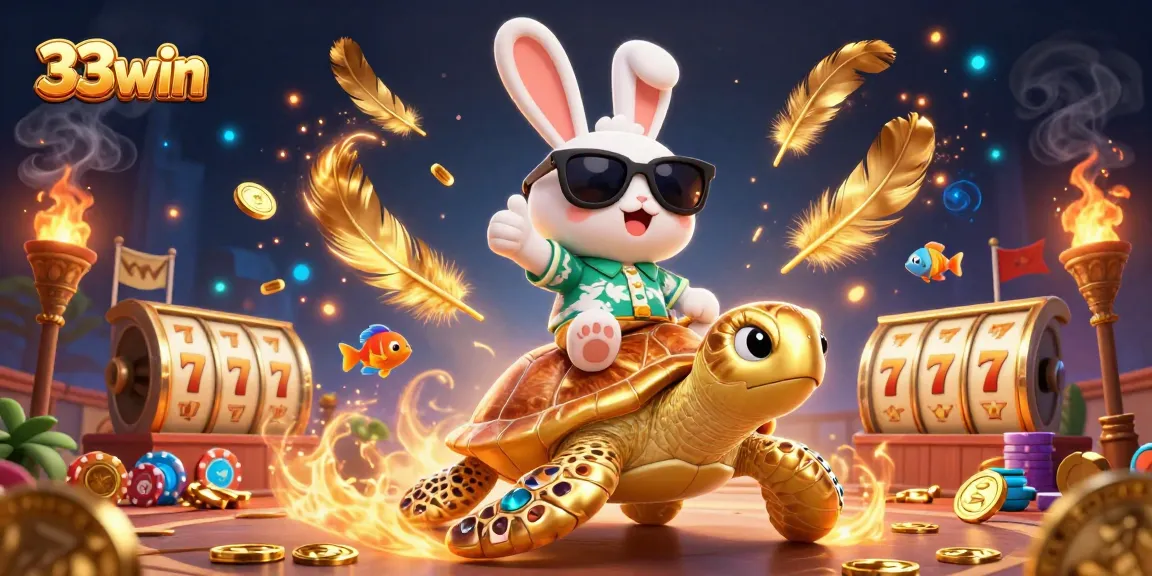 Engage with 33win through a colorful casino-themed scene featuring a lucky rabbit and golden turtle.