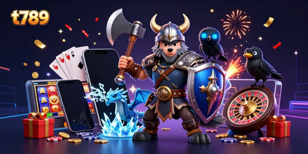 Engage with thrilling games at T789 featuring a Viking wolf warrior, dragon, and vibrant gaming elements.