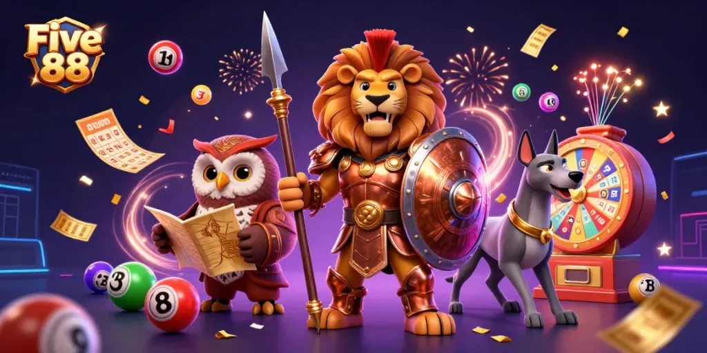 Experience the excitement of Five 88 casino with vivid characters and vibrant gaming elements.