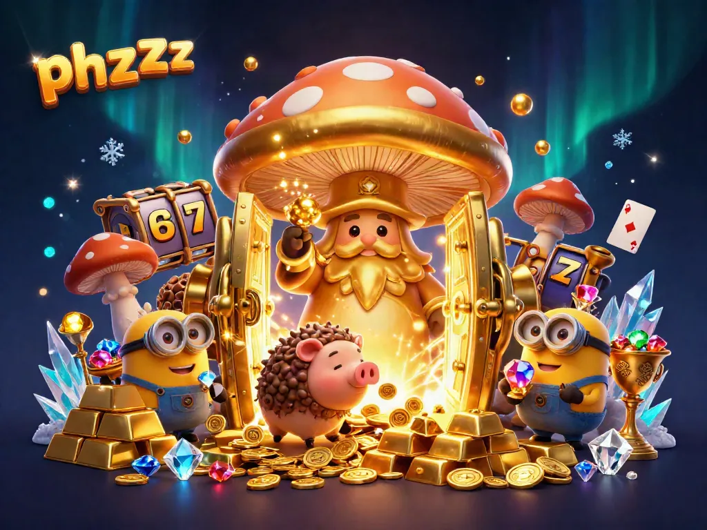 Experience the thrill of phzzz casino gaming magic with a golden mushroom wizard and treasure.