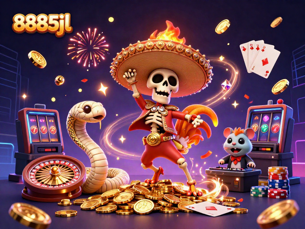 Join the celebration at 8885jl with a lively scene of characters celebrating winnings among coins and vibrant elements.