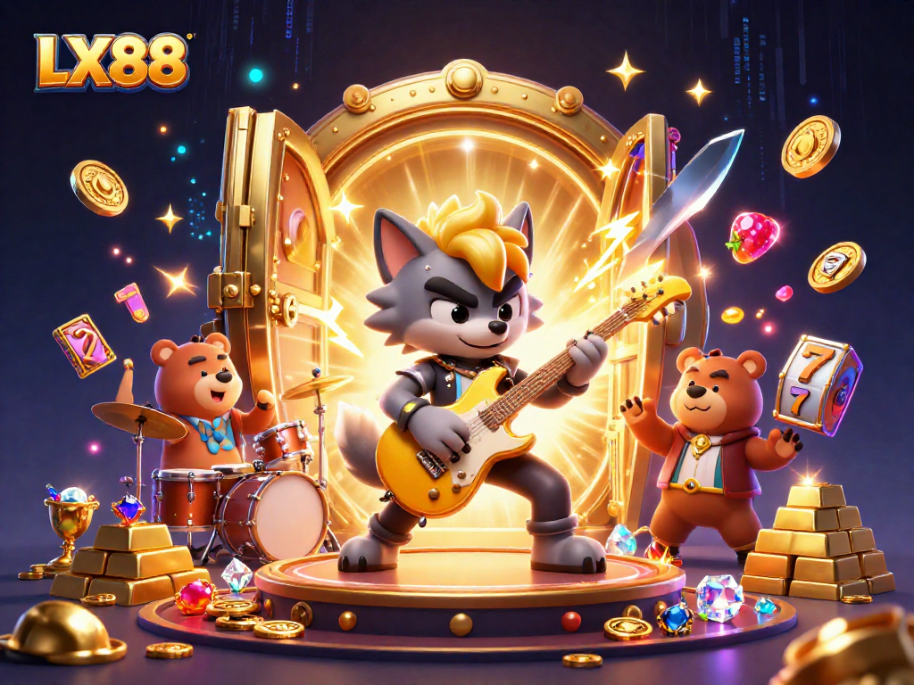 LX88 brings excitement to gambling with a cartoon rock star wolf and drummer bear surrounded by golden treasures and rich casino elements.