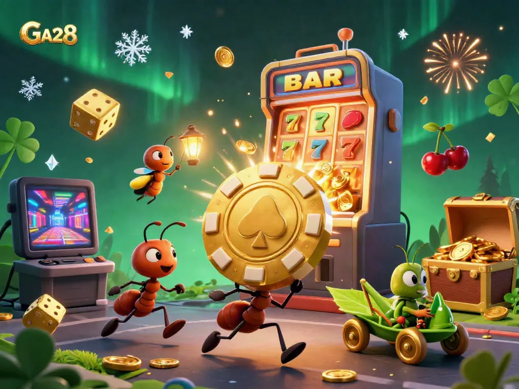 Engage with the vibrant GA28 casino scene, where 3D ants carry a giant poker chip amidst explosive jackpots and colorful gaming elements.