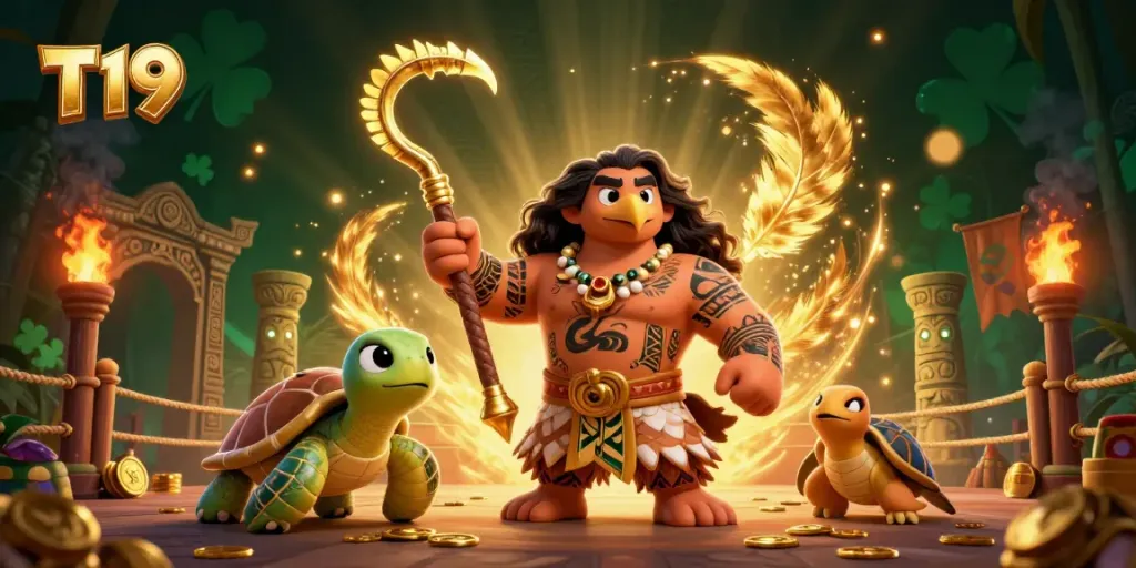 T19 captivates players with a dynamic scene of a demigod hawk and turtle in a cockfighting arena, surrounded by vibrant gaming elements.