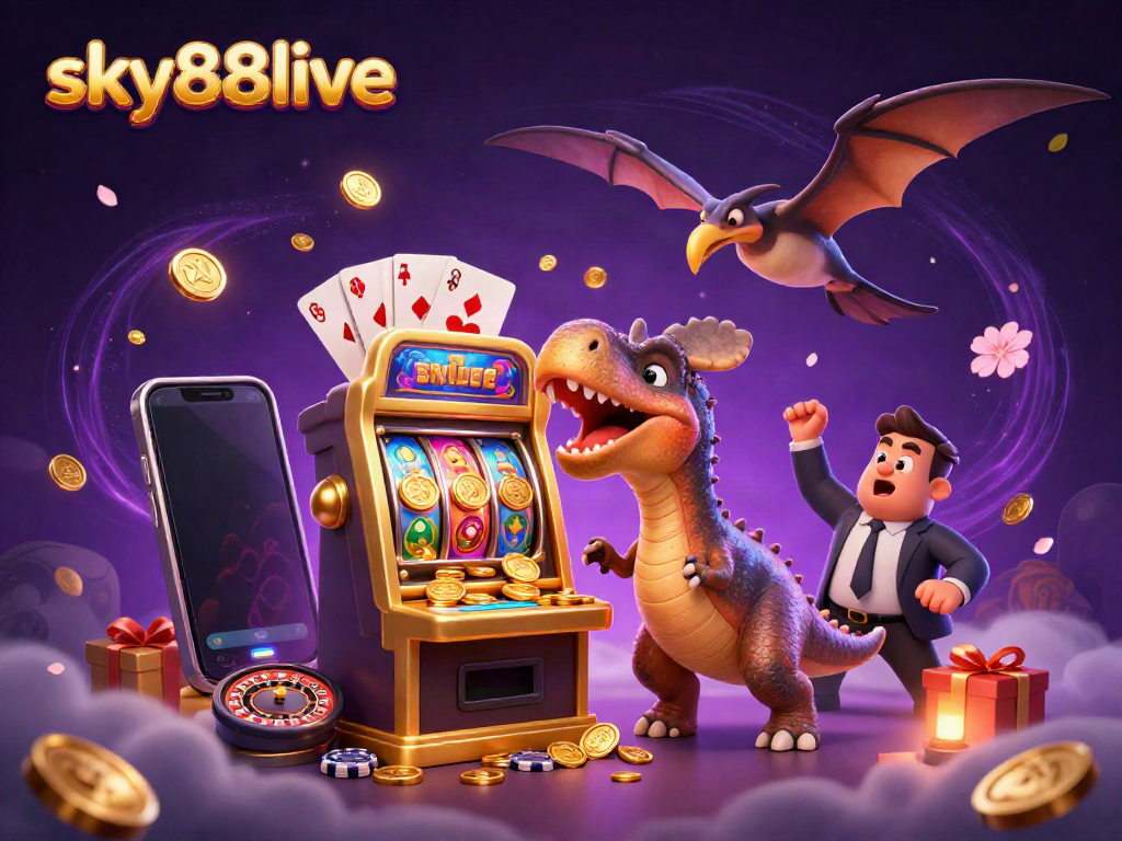 Experience sky88live as a pachycephalosaurus wins big from a slot machine in this vibrant casino scene.