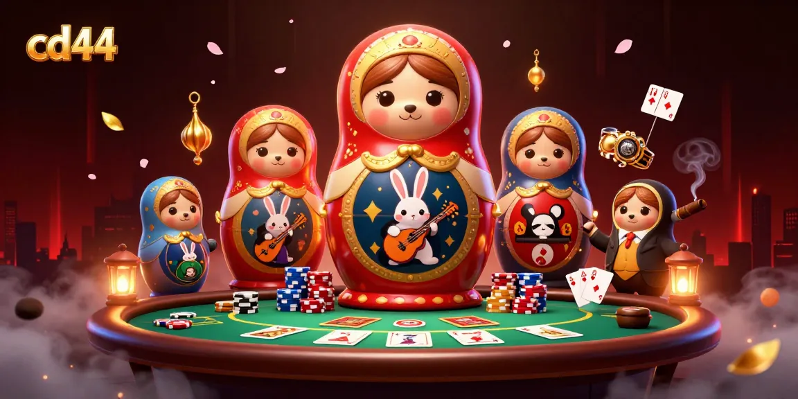 Engage with the dynamic scene featuring cd44, a Matryoshka bear and card game elements in vibrant 3D.
