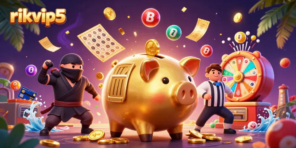 Experience excitement at rikvip5 with an entertaining scene featuring a golden piggy bank sumo wrestler amidst dynamic lottery elements.