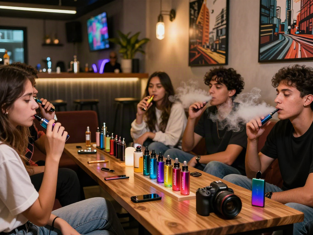 Group enjoying raz vape products in a modern lounge setting, surrounded by stylish decor and ambient lighting.