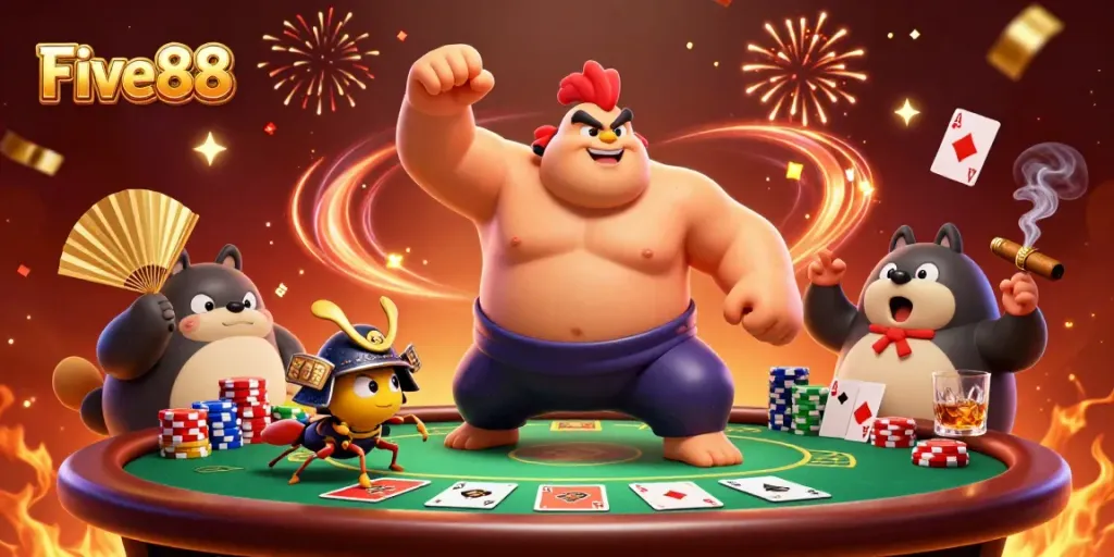 Engage with Five88 through poker-themed action featuring vibrant characters and rich casino elements.