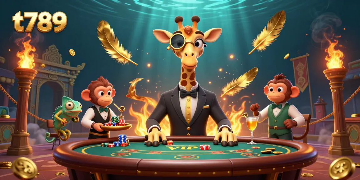 Experience the excitement of t789 with a high-roller giraffe, monkey valet, and chameleon bartender amidst dynamic casino elements.
