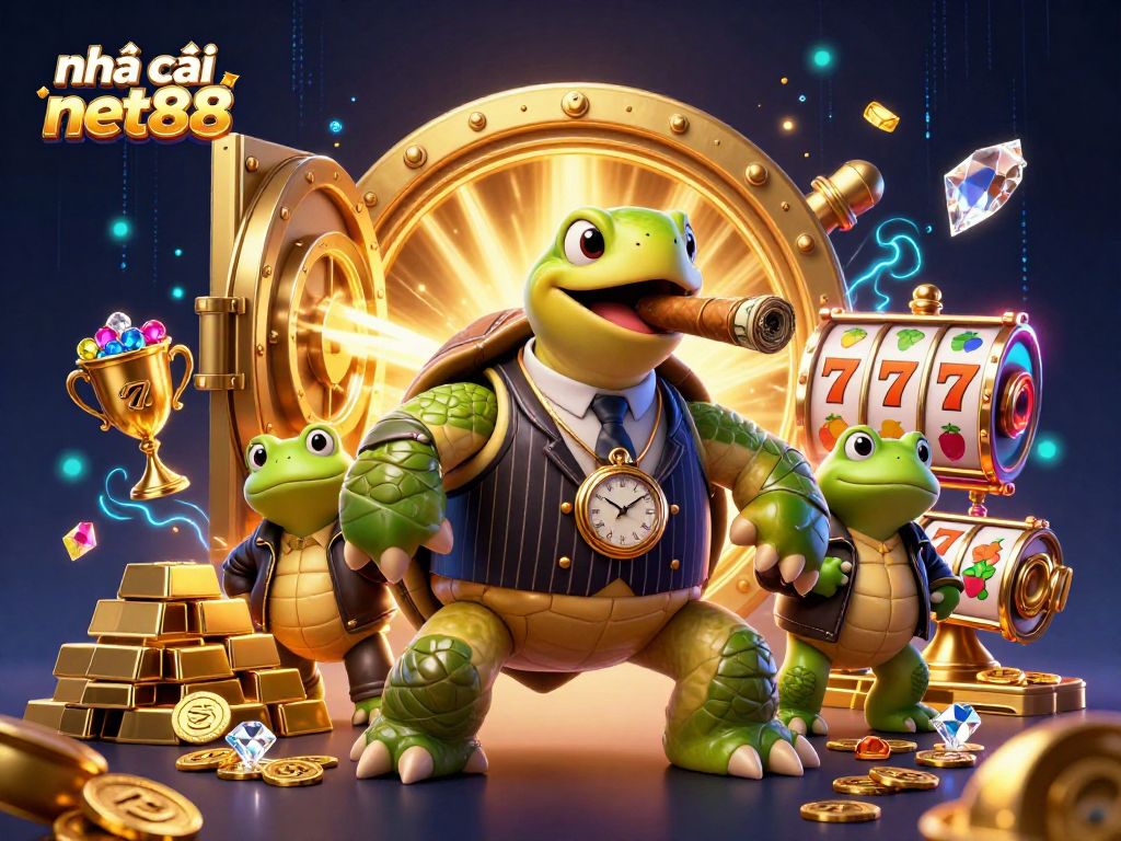 Experience excitement at nhà cái net88 with a vibrant casino scene featuring colorful slot reels and treasures.